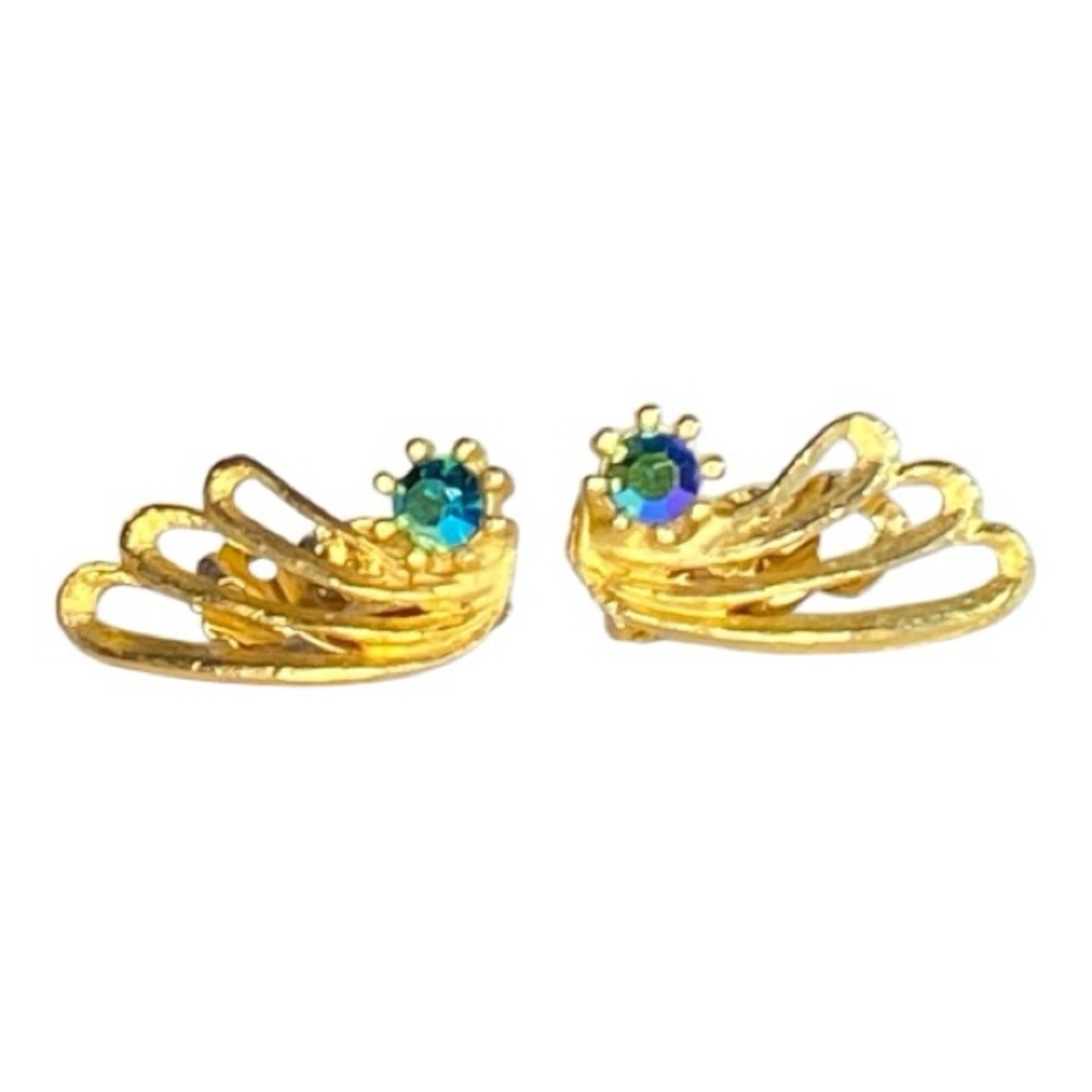 Elegant Gold Tone Clip On Earrings with Iridescent Blue-Green Stone